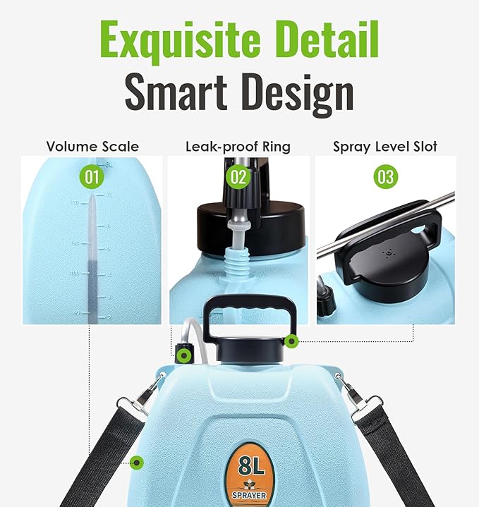 2 Gallon Battery Powered Sprayer, Rechargeable Electric Sprayer with 2 Speeds, 4 Nozzles, Battery Indicator, Retractable Wand, Adjustable Padded Shoulder Straps and Storage Bag for Lawn and Garden