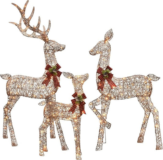 HOYECHI 6.5 FT Oversized Christmas Decorations Outdoor Lighted Reindeer – 3-Piece 3D Deer Family Set with 340 Warm White LED Lights for Yard, Lawn, Garden & Porch Holiday Display - Rattan