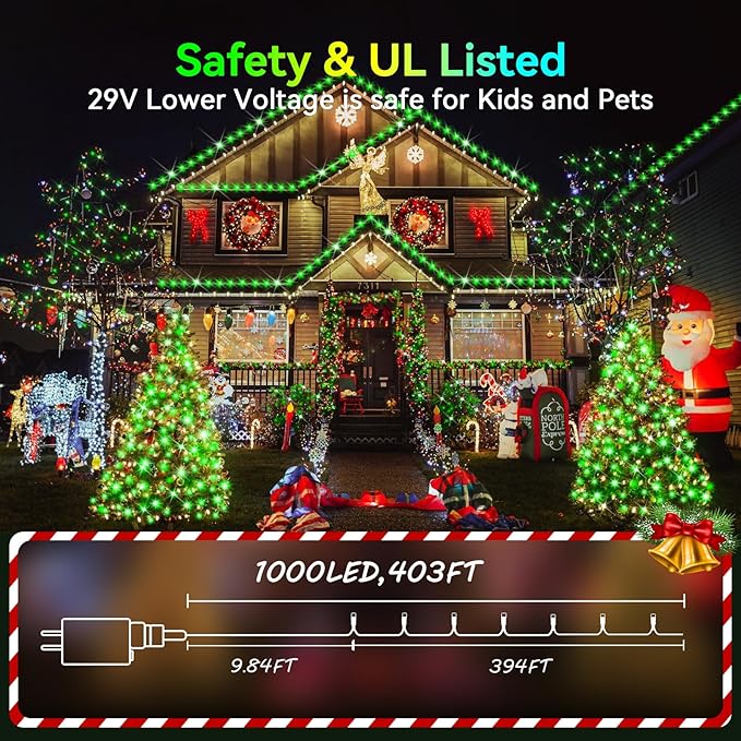 Hezbjiti 1000 LED 403 FT Christmas String Lights Outdoor, 8 Lighting Modes IP44 Waterproof Fairy Lights with Timer and Dimmable Function for Home Party Tree Decorations (Green, Clear Wire)