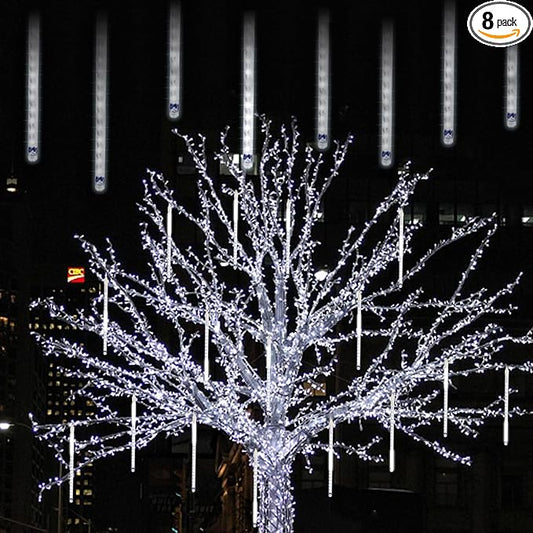 LJLNION Meteor Shower Icicle Lights, 12 Inch Outdoor Snow Falling Raindrop Lights, 8 Tubes 288 LED Xmas Wedding Party Tree Holiday Decor, White