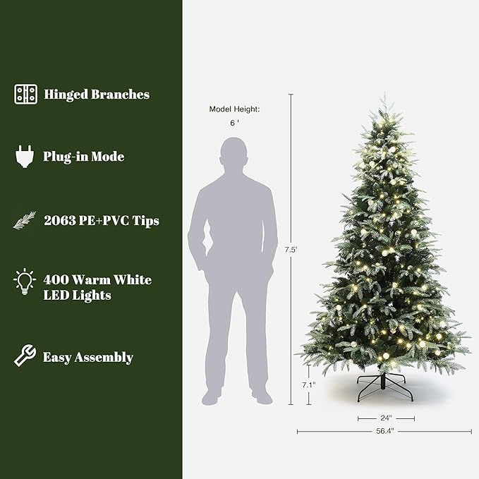 LuxenHome 7.5FT Prelit Christmas Tree with Lights, Green Flocked Artificial Christmas Tree with 400 LED Globe Lights, 2063 PE+PVC Branch Tips, Plug-in Prelit Pine Tree Indoor, Outdoor Holiday Décor