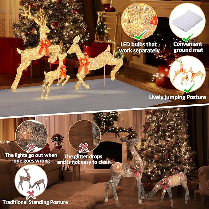 3-Piece Lighted Reindeer Christmas Decoration with 210 Warm White LED Lights, 5FT 3D Glittered Christmas Deer Family Set Outdoor Decorations, Plug in Deer Decor for Lawn Yard Patio Garden