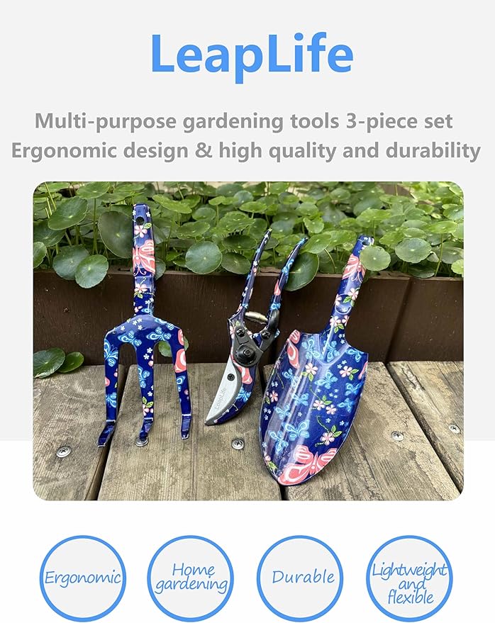 Pruning Shears, Large Soil Shovel, Dirt Rake, Gardening Daily Loosening and Pruning, Non-Slip and Durable, Gift for Men and Women (Gardening Tools Aluminum Set) (Dark Blue Flower 3 PCS Tool)
