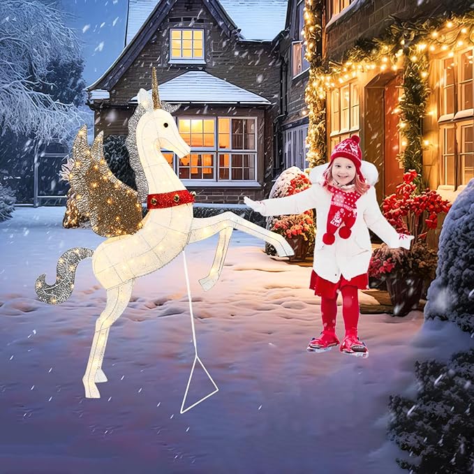 4.7ft Lighted Unicorn Outdoor Christmas Decorations for Yard Lawn Garden, Large 3D Weatherproof Light up Unicorn with 140 LED Lights, Ground Stakes Zip Ties, Outside Indoor