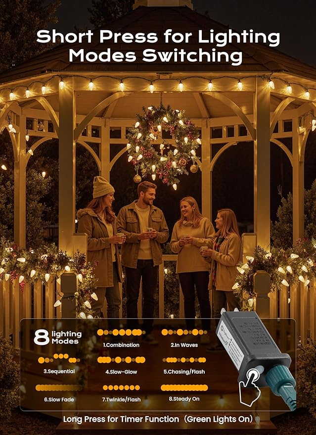 C9 Christmas Lights Outdoor, 33 FT 50 LED Connectable C9 String Lights with 8 Modes and Timer Extendable Xmas Tree Patio Roofline Garden Yard Holiday Party Indoor Outdoor Decoration, Warm White