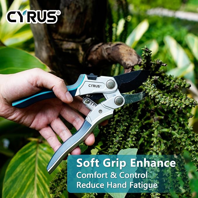 CYRUS Pruning Shears for Gardening,8" Pruning Shears Heavy Duty Wheel Effortless Pruning Non Stick Coating Blade with Anti Slip Handle Scissors Widely Used for Gardening, Hydrology, Grow Tents
