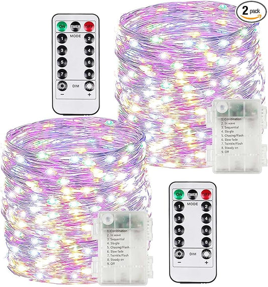2 Pack Christmas Battery Operated Fairy Lights with Remote, 66FT 200LED Waterproof Battery Christmas Twinkle Lights with Timer, String Light for Bedroom Christmas Decorations (Multicolor)