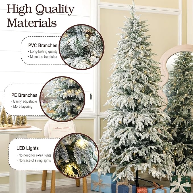 7ft Slim Flocked Christmas Tree, Pre-lit Christmas Tree with 767 Premium PE&PVC Tips, 250 Warm White LED Lights, Skinny Noble Artificial Xmas Trees for Home, Corner, Narrow Place Holiday Decoration