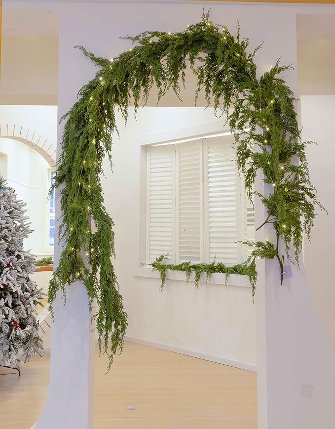 MISSPIN 9ft Christmas Garland with String Lights, Real Touch Cedar Pine Garland, Green Artificial Greenery Garland for Table, Mantle, Wall, Indoor, Outdoor Christmas Decorations