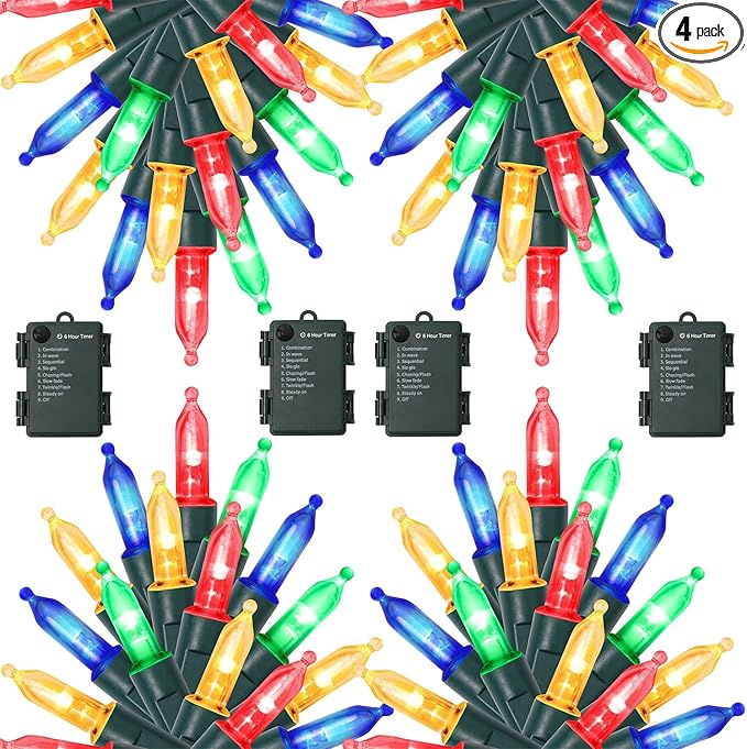 WATERGLIDE 4 Pack 50LED Outdoor Christmas Lights, 16FT Battery Operated Mini String Light with 8 Modes & Timer, Xmas Tree Lights Waterproof for Patio Garden Party Wedding Holiday Decor, Multicolor