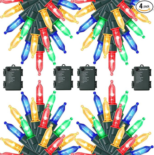 WATERGLIDE 4 Pack 50LED Outdoor Christmas Lights, 16FT Battery Operated Mini String Light with 8 Modes & Timer, Xmas Tree Lights Waterproof for Patio Garden Party Wedding Holiday Decor, Multicolor