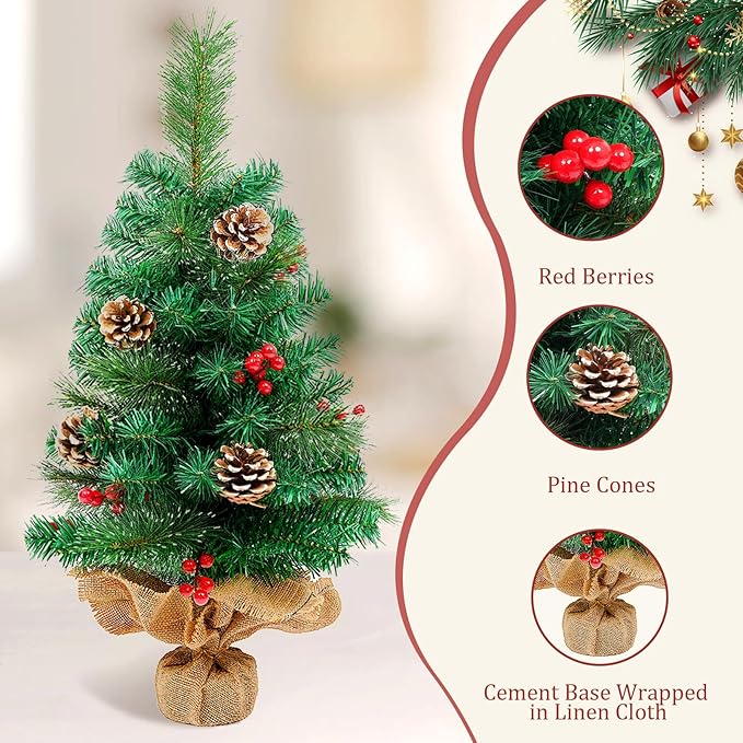 Uten Mini Pine Cone and Nut 2FT Artificial Tree with Semi-Circular Base - Small Christmas Tree for Home, Office, Party