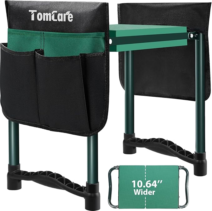 TomCare Garden Kneeler and Seat 10.64” Wider Larger Soft Kneeling Pad Garden Bench with 2 Large Tool Pouches Heavy Duty Garden Stool Foldable Tools Gardening Gifts for Women Men Gardeners