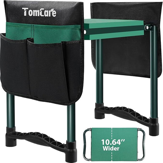 TomCare Garden Kneeler and Seat 10.64” Wider Larger Soft Kneeling Pad Garden Bench with 2 Large Tool Pouches Heavy Duty Garden Stool Foldable Tools Gardening Gifts for Women Men Gardeners