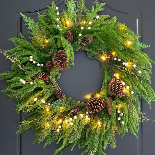 Prelit Christmas Wreaths for Front Door 24 Inch- Real Touch Norfolk Pine Wreath with Lights,Green Evergreen Outdoor Xmas Wreath with Natural Pine Cones and Berries for Farmhouse Home Decor
