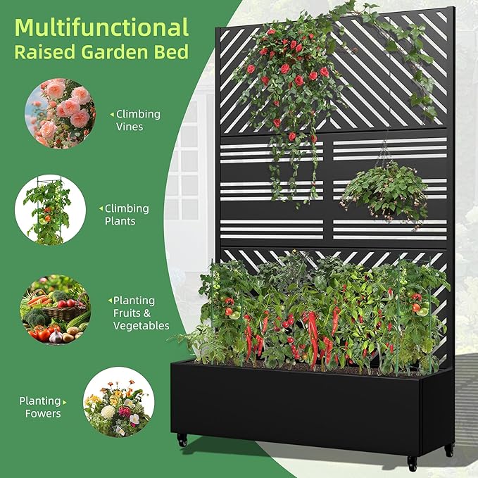 Casaphoria Metal Raised Garden Bed with Trellis and Wheels, 72"x47"x16" Planter Box for Climbing Plants, Vegetables & Vines, Features Drainage Holes and Privacy Screen, Black(Parallel&Harold)