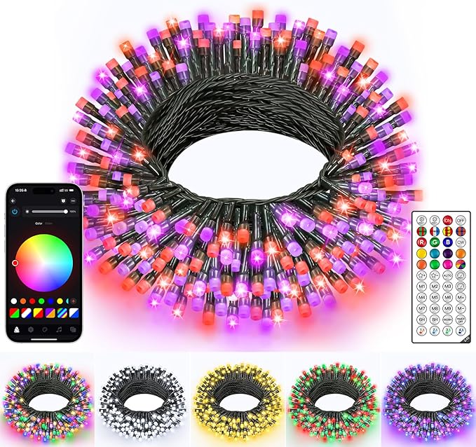 Ollny Smart Christmas Lights, 66FT 200 LEDs APP Control RGB Color Changing Christmas Tree Lights with Remote, Programmable DIY Musical Waterproof Green Wire Decor Light with Timer for Indoor Outdoor