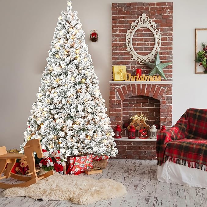 4FT Pre-Lit Flocked Christmas Tree with 100 Warm White Lights, Full White Christmas Tree with Premium PVC Branches,Realistic Snowy Look, Indoor Fake Snow Xmas Tree for Home Office Shops