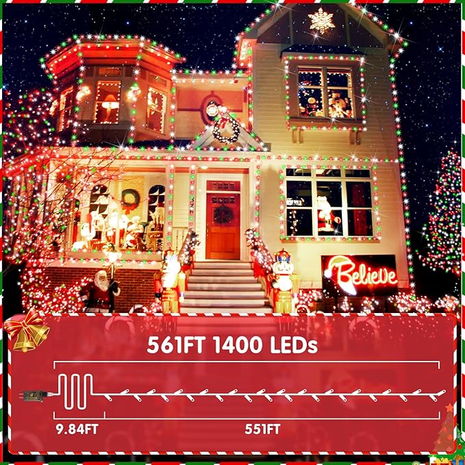 XURISEN 551FT 1400 LED Christmas Lights Outdoor Green Wire String Lights 8 Modes with Timer Memory Waterproof Fairy Light Plug in for Xmas Tree Wedding Yard Party Holiday Decorations(Red+Green+White)