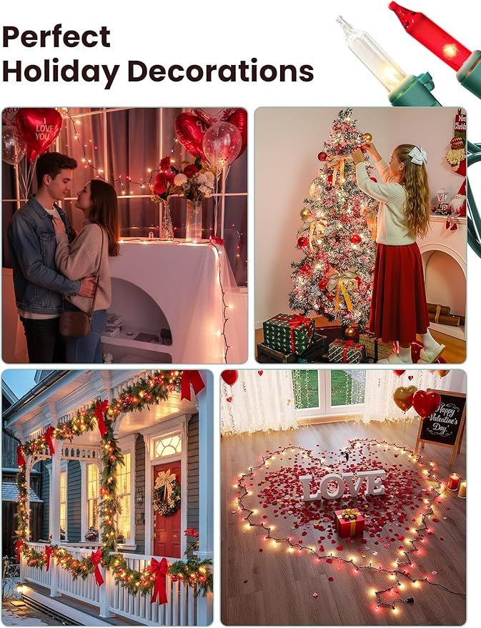 Red Clear Christmas Lights,13FT 50 Count Incandescent Mini Light,Green Wire Christmas String Lights Plug in Waterproof for Tree Xmas Wedding Indoor Outdoor Valentine's Day Decor (Red Clear, 50 Count)