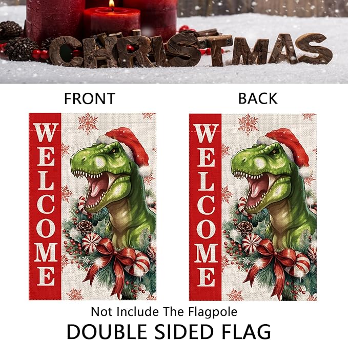 Christmas Garden Flag Welcome Xmas Dinasour Winter Holiday Decorations Burlap Vertical Double Sided Farmhouse Yard Lawn Outdoor Decor 12.5 x 18 Inch