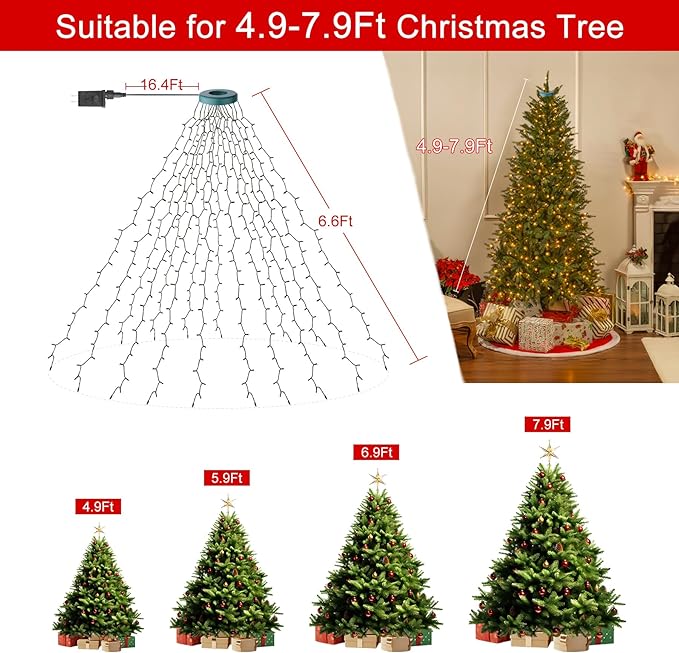 400 LEDs Christmas Tree Lights,LED Christmas Lights with 8 Light Modes,Timer& Memory Function,Remote Control,16 Strands 6.6FT String Light for Wedding,Home Party,Xmas Tree Decor,Warm White