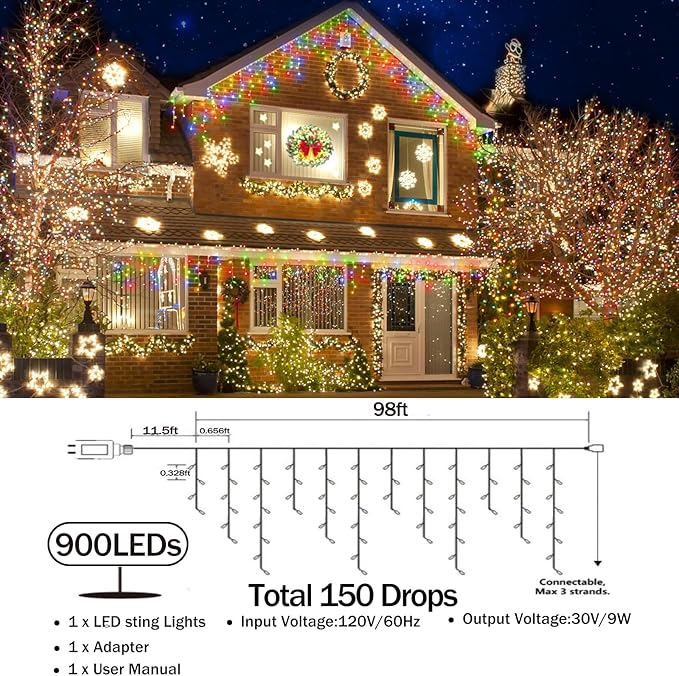 98FT Christmas Lights Outdoor Decorations 900LED Fairy String Light 12 Lighting Modes with Timer Memory Waterproof Christmas Light for Yard Roof Party Holiday Wedding Garden Decor