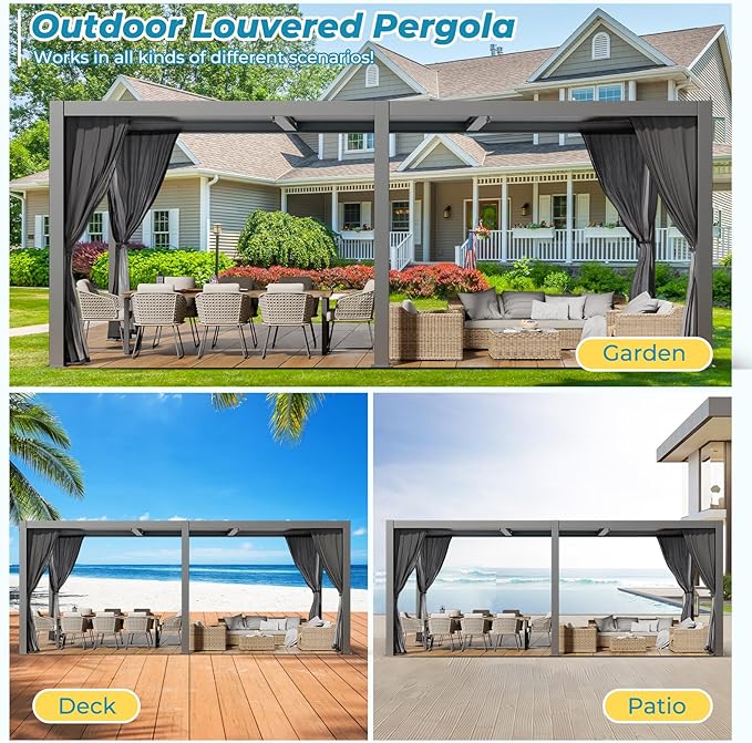 LVUYOYO Outdoor Louvered Pergola 10' x 20', Aluminum Pergola with Adjustable Roof, Waterproof Metal Gazebo with Curtains and Netting for Patio, Backyard, Garden, Deck (Black)