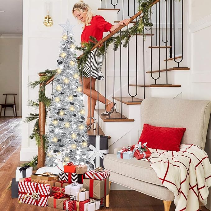 HMASYO 5 FT Pop Up Christmas Tree with Timer Lights, Silver Christmas Tinsel Tree, Collapsible Artificial Pencil Christmas Tree for Indoor Home Apartment Porch Holiday Party Decorations