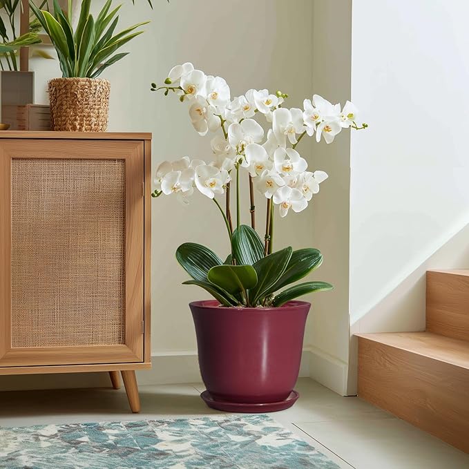 12 Inch Pots for Plants - Ceramic Planter for Indoor Outdoor, Round Plant Pot with Drainage Hole and Saucer, Large Planters, Modern Flower Pots, Home Room Office Decor, Gardening Gifts, Red