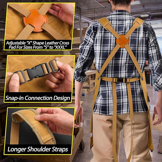 Woodworking Apron for Men, Shop Apron 20 oz Canvas Work Apron with 9 Tool Pockets, Heavy Duty Wood Working Workshop Bib Apron for Carpenter Woodworker Blacksmith, Men Gift, Adjustable to S- 3XL, Khaki