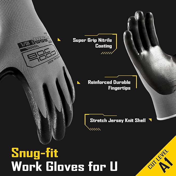 COOLJOB 20 Pairs Nitrile Dipped Safety Work Gloves with Grip, Non-slip Rubber Coated Bulk Garden Gloves for Men, Heavy-duty Oil Resistant for Truck Driver, Warehouse Box Handler, Small, Gray