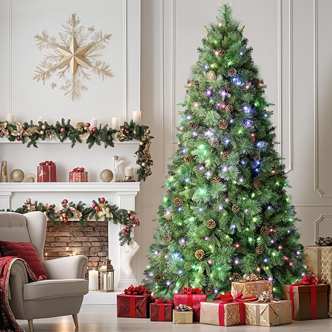 SHareconn 9ft Prelit Artificial Hinged Christmas Pine Tree with Remote Control, Upgraded Version with Pre-Lit 670 Led Color Changing RGB Lights, Pine Cones, Perfect Choice for Xmas Decoration, 9FT
