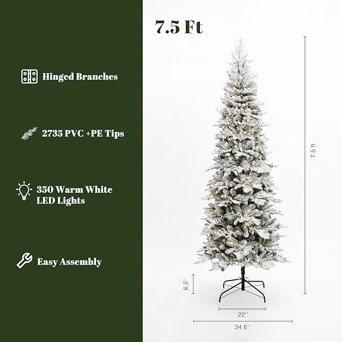 LuxenHome 7.5FT Flocked Christmas Tree, Slim Pencil Christmas Tree Pre-lit with 350 Warm White LED Lights, Lighted Artificial Christmas Trees with Stand for Indoor, Outdoor Holiday Decorations