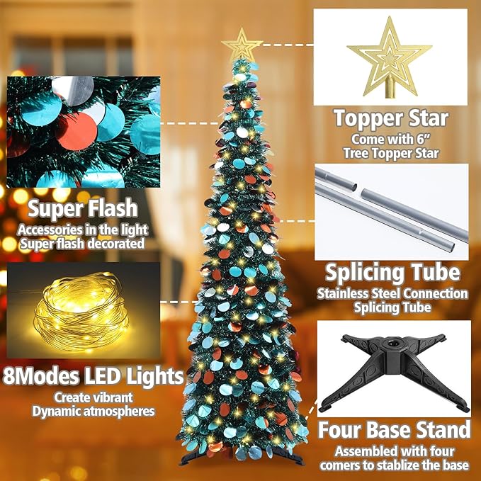 HMASYO 5 FT Pop Up Christmas Tree with Timer Lights, Blue Christmas Tinsel Tree, Collapsible Artificial Pencil Christmas Tree for Indoor Home Apartment Porch Holiday Party Decorations