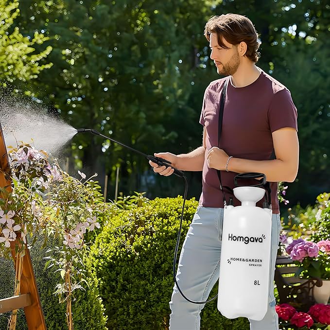2.1 Gallon/8L Pump Sprayer, Pressurized Water Spray Bottle with 2 Nozzles, Adjustable Shoulder Strap & Safety Valve, Lawn and Garden Sprayer for Watering, Fertilizing, Cleaning