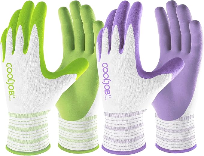 COOLJOB 2 Pairs Gardening Gloves for Women Ladies, Breathable Rubber Coated for Yard Garden, Outdoor Indoor Protective Work, Medium Size, Lavender Purple & Apple Green