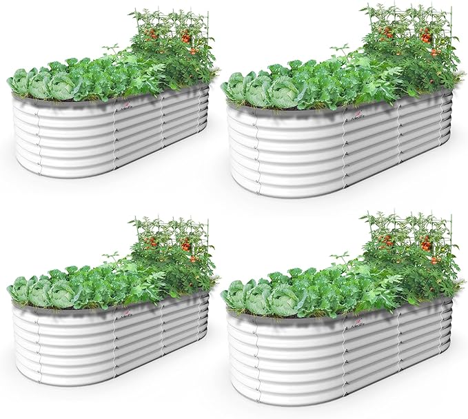 A ANLEOLIFE 6X3X2 ft Galvanized Raised Garden Beds Outdoor-4 Pack, Oval Large Metal Deep Root Planter Box for Planting Vegetables Flowers Herb, Anti-Rust & Easy-Setup, Antique White