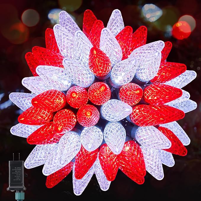 C9 Outdoor Christmas Lights, 72 FT 110 LED C9 String Lights, 8 Modes & Timer Extendable Waterproof for Christmas Tree Indoor Outdoor Roofline Patio Outside Garden Yard Holiday Xmas Decor, Red White