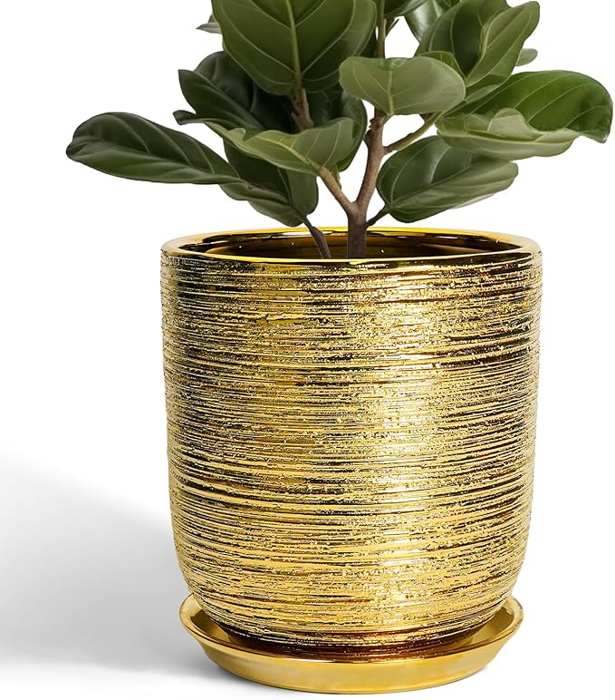 Ceramic Flower Pot for Indoor Plants - 10 Inch Plant Pot with Drainage Hole and Saucer, Decorative Round Outdoor Indoor Planter, Housewarming Gifts, Home Garden Decor, Gold