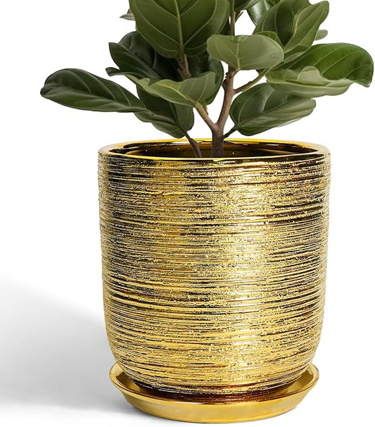 Ceramic Flower Pot for Indoor Plants - 10 Inch Plant Pot with Drainage Hole and Saucer, Decorative Round Outdoor Indoor Planter, Housewarming Gifts, Home Garden Decor, Gold
