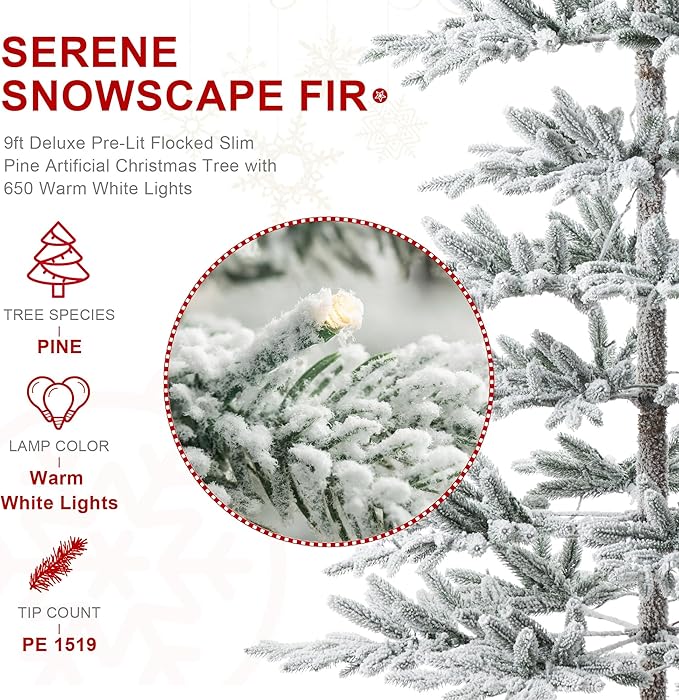 Glitzhome 9ft Deluxe Pre-Lit Flocked Artificial Christmas Tree Serene Snowscape Fir for Home, Office, Party Decoration with 650 Warm White Lights, Metal Hinges & Base, Easy Assembly