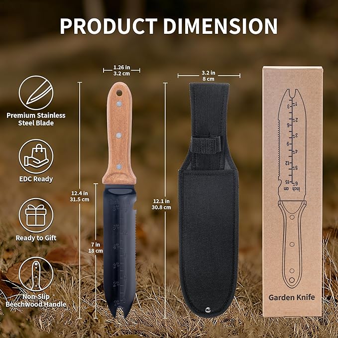 YANG Hori Hori Garden Knife, 7" Stainless Steel Gardening Knife with Oxford Cloth Sheath, Full Tang Beechwood Handle EDC Garden Tool for Dividing Plants & Weeding, Forked Tip for Transplanting