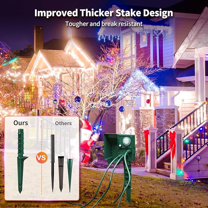 SURAIELEC Outdoor Power Stake Timer, 24-Hour Mechanical Light Timer, Electrical Power Strip Weatherproof, 6FT Extension Cord Multiple Outlet Plug for Patio Lights, Christmas Decorations, ETL Listed