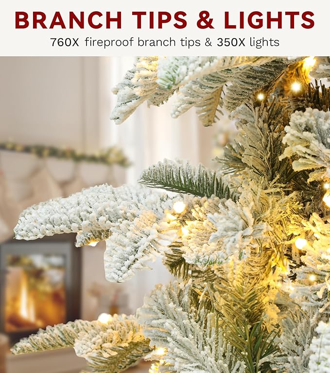 DWVO 6.5 FT Pre-Lit Snow Flocked Christmas Tree, Layered Artificial Xmas Tree with 760 PE & PVC Branch Tips and 350 Multi-Mode Lights for Home, Office, and Party Decor with Remote Control