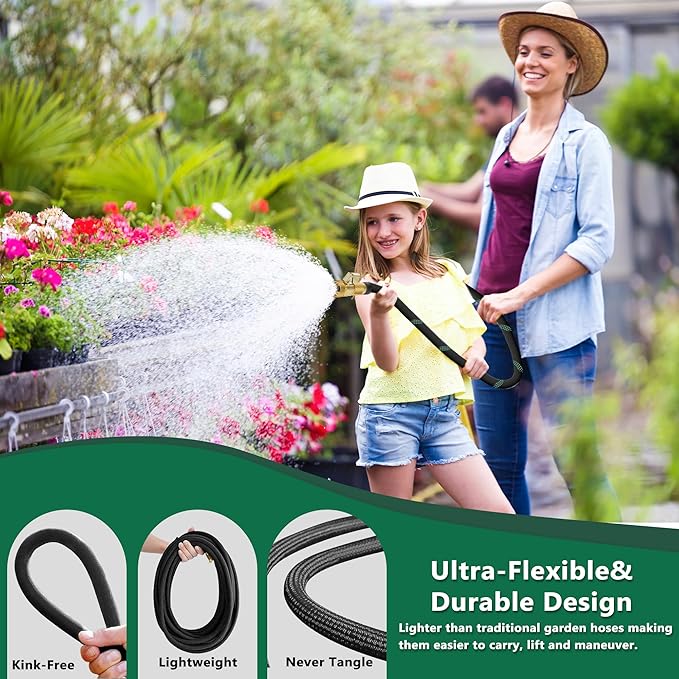 100 ft Heavy Duty Garden Hose - Super Flexible Leader Water Hose with 10 Pattern Spray Nozzle,Hybrid Rubber Hose Car Wash Pipe,3/4'' Solid Brass Conne