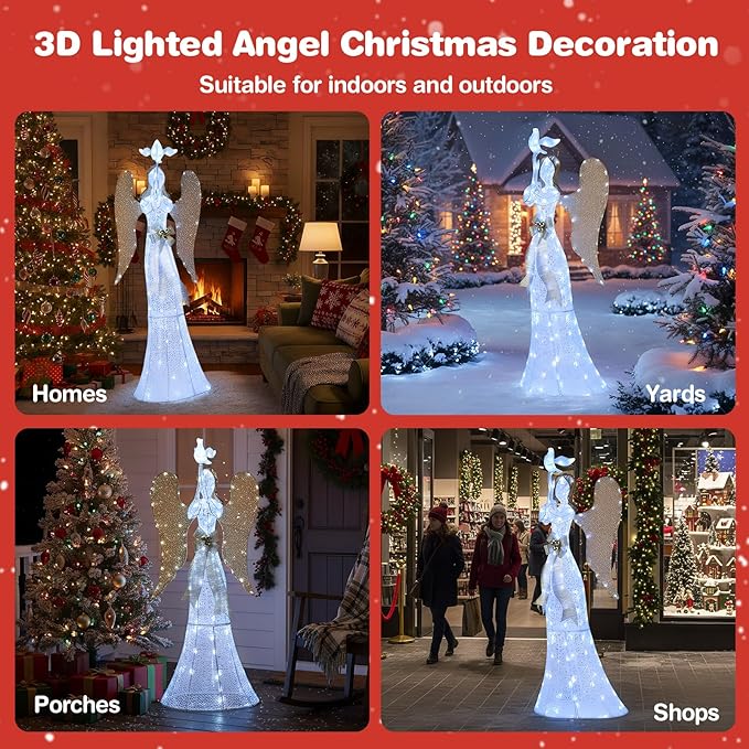Tangkula 5.5 FT Christmas Lighted Angel, 3D Pre-lit Halo Angel with Pigeon, Golden Wings, Zip Ties and Ground Stakes, Xmas Holiday Decoration for Outdoor Indoor Home Yard Porch