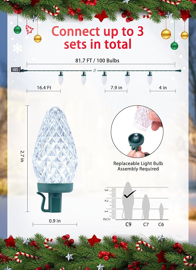 C9 LED Christmas Lights Outdoor, 81 Feet 100 LED String Lights With Timer & 8 Lighting Mode, Waterproof Commercial Grade Extendable for Indoor Outside Roofline Patio Home Xmas Decoration, Pure White