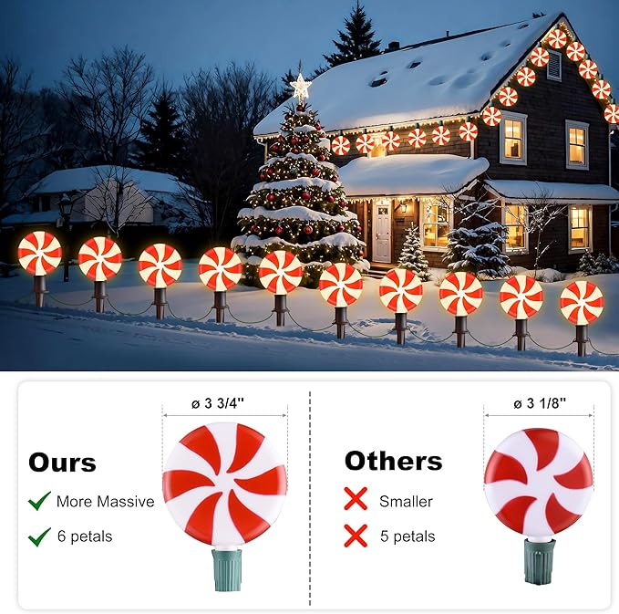 Ultimate Unicorn Christmas Lollipop Pathway Lights for Garden Christmas Decoration Red, 10 LED Peppermint String Lights with Stakes for Outdoor Sidewalk Pathway Rooftop Lawn Garden