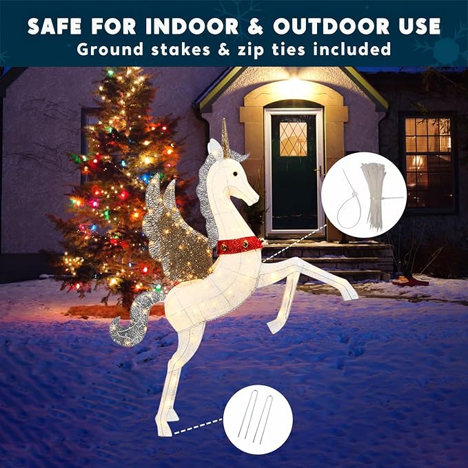 4.7ft Lighted Unicorn Outdoor Christmas Decorations for Yard Lawn Garden, Large 3D Weatherproof Light up Unicorn with 140 LED Lights, Ground Stakes Zip Ties, Outside Indoor